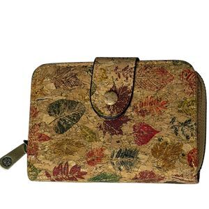 Cork Bifold Wallet Coin Purse Printed Leaf Retro Vegan Zip Around